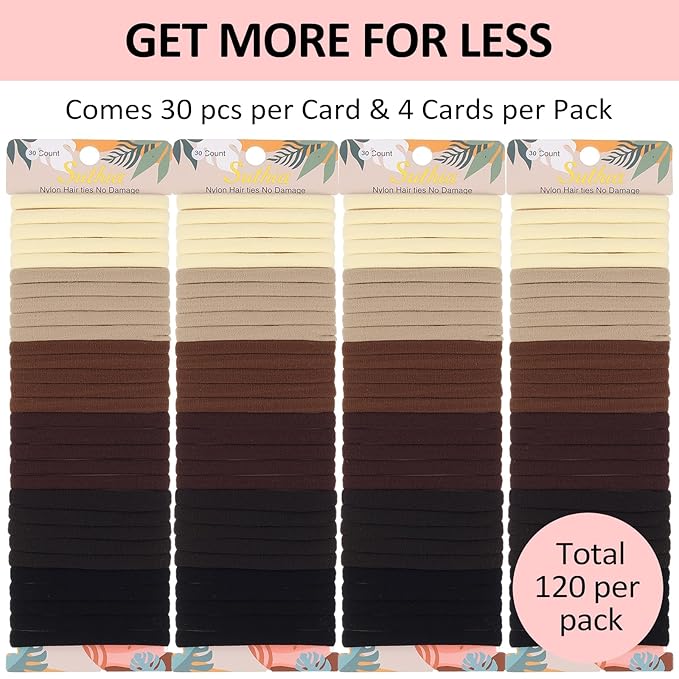 SUTHIA 120Pcs Large Brown Nylon Hair Ties for Thick Curly Hair No Damage, Big Soft Cloth Hair Elastic Bands & Seamless Stretchy Fabric Ponytail Holders for Women Girls, Perfect for Updos & Braids