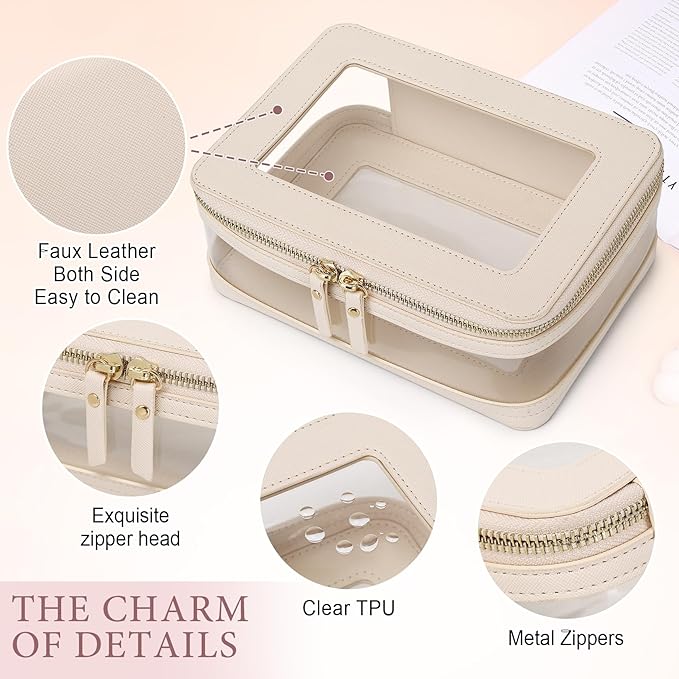 Pinkmik Clear Makeup Bag with Zipper, Beige, M+MINI-1