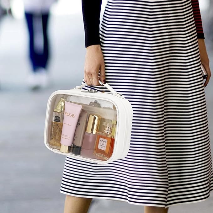 Pinkmik Travel Makeup Bag Set Portable Clear Cosmetic & Toiletry Case Women's Purse Organizer and Car Essentials with Zipper (White, L+MINI)