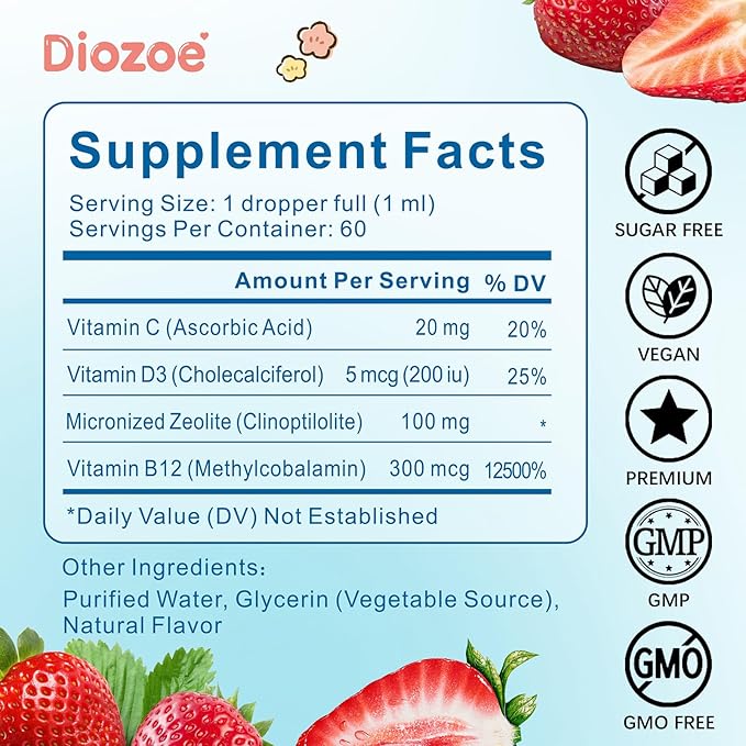 Diozoe Zeolite Detox for Kids, Gentle Wellness Support, Zeolite with Methyl B12, Vitamin D3 and C, Natural Zeolite Drops for Gut