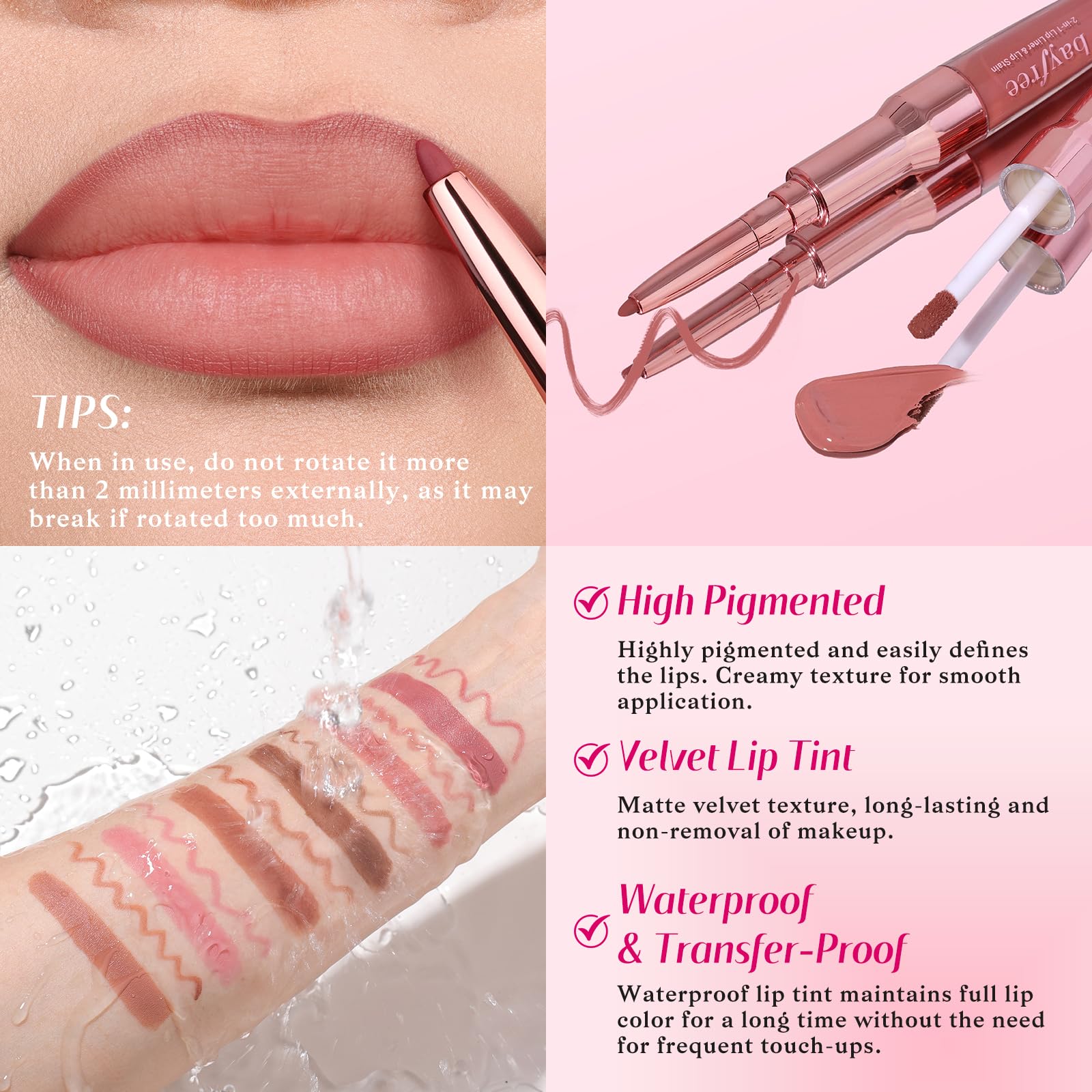 bayfree 2-IN-1 Lip Liner and Lip Stain, High Pigmented Long Lasting Velvet