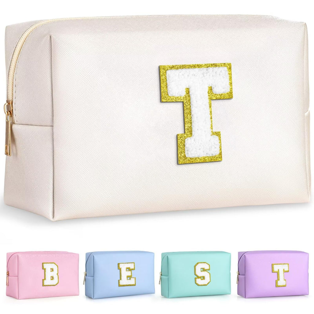 TOPEAST Preppy Stuff for Girls, Initial Makeup Bag Chenille Letter Pouch Cosmetic Bag with Zipper, PU Leather Waterproof Toiletry Bag, Cute Stuff Birthday Gift for Friends Sister (White T)