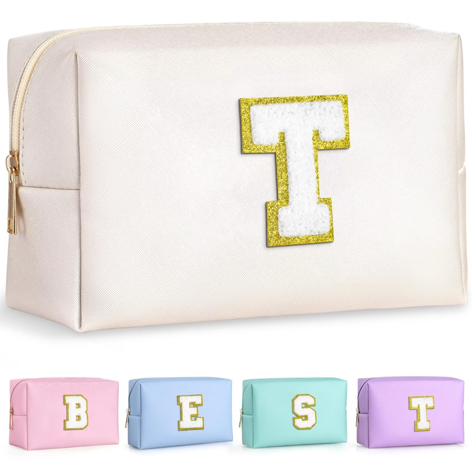 TOPEAST Preppy Stuff for Girls, Initial Makeup Bag Chenille Letter Pouch Cosmetic Bag with Zipper, PU Leather Waterproof Toiletry Bag, Cute Stuff Birthday Gift for Friends Sister (White T)