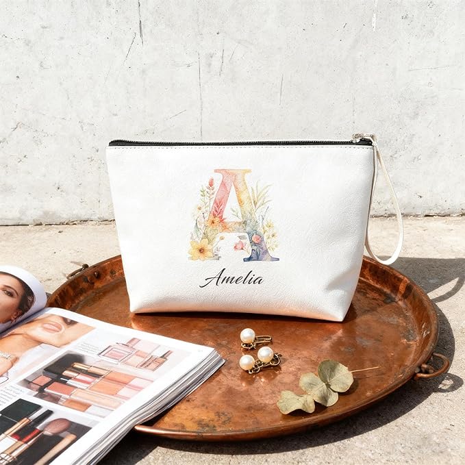 Bliver Personalized Makeup Bag Initial&Birth Flower Custom Small Travel Cosmetic Bag with Name Cute Makeup Bag for Women Girls
