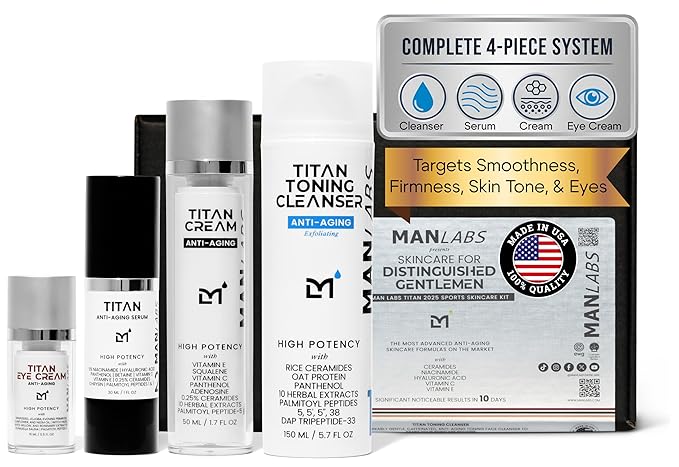 Man Labs Titan Sports 4pc Anti-Aging Mens Skin Care Kit, Mens Face Care Kit