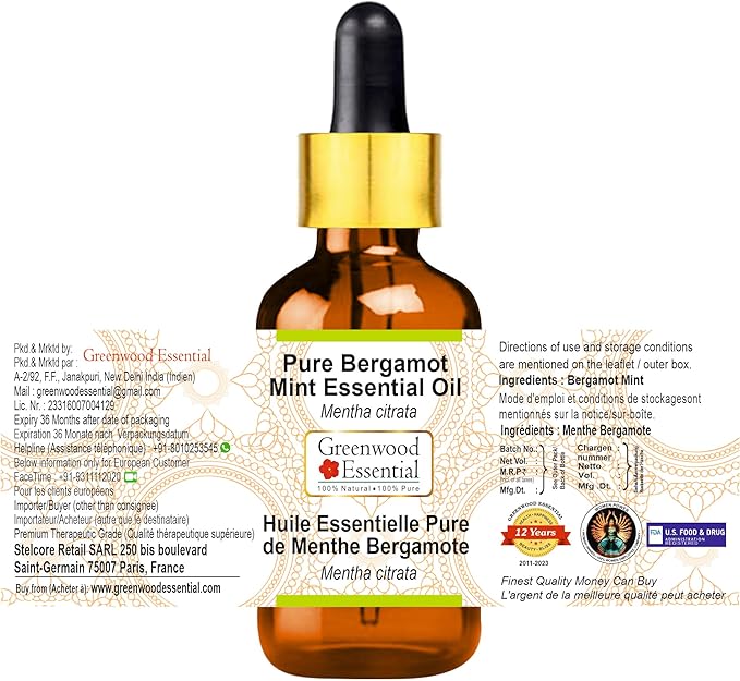Greenwood Essential Pure Bergamot Mint Essential Oil (Mentha citrata) with Glass Dropper Steam Distilled 10ml (0.33 oz)