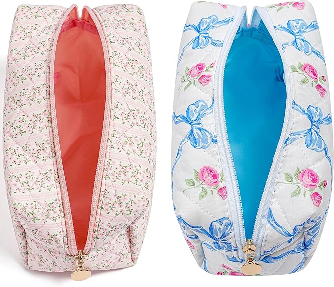 HHQQWZ Makeup Bag Travel Cosmetic Bag for Women Girls, Zipper Make Up Pouch, Floral Flowers Toiletry Organizer Makeup, Portable Storage Bag, Cosmetic Travel Cloth Bag (Pink+Blue Bowknot)