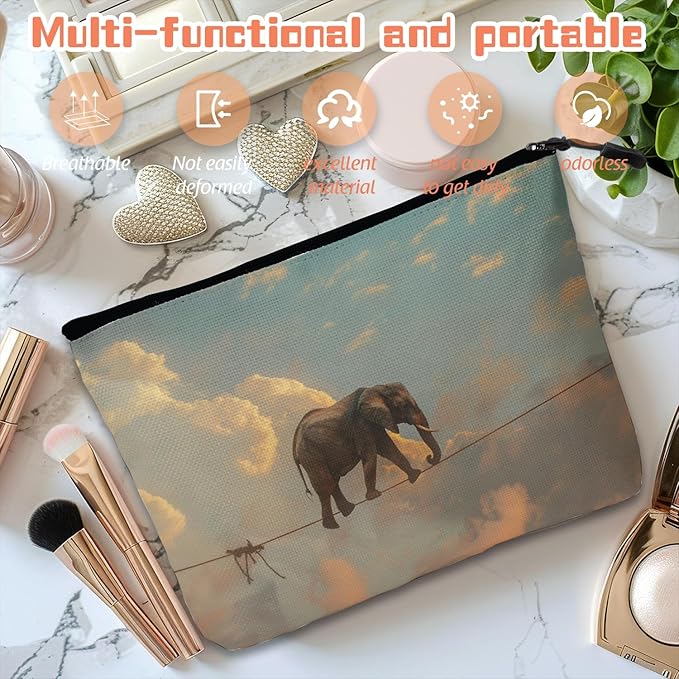 Scribesense Cosmetic Bags Travel Makeup Toilet Case Waterproof Pouch for Women Girls 6.7X9.45inches - Elephant'S Aerial Adventure on A Thin Rope