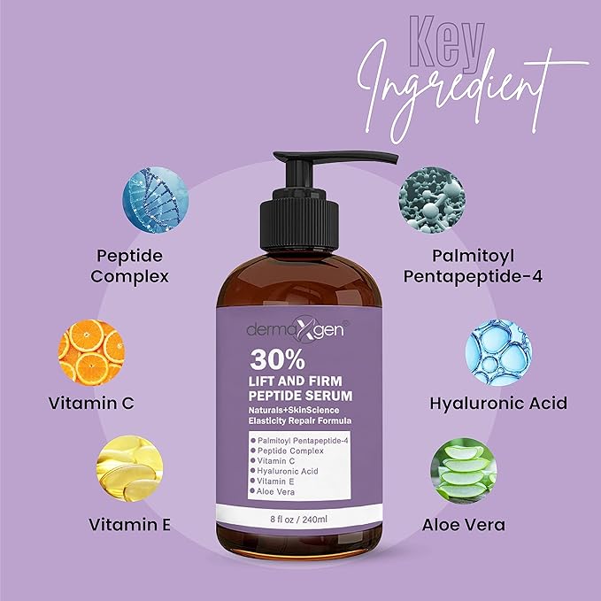 Dermaxgen Lift & Firm 30% Peptide Serum for Face – Anti-Aging Serum with Vitamin C, E, Matrixyl 3000, Aloe Vera & Hyaluronic Acid – Multi-Peptide Formula to Lift, Firm & Rejuvenate Skin (8 fl oz)
