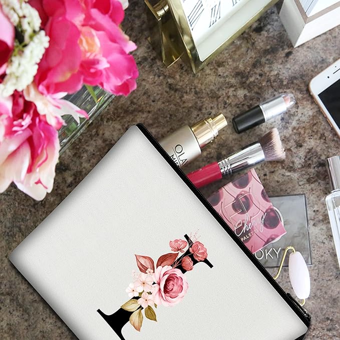 Vavabox A-Z Personalized Makeup Bag, Birthday Gifts for Women Mom, Gifts for Best Friend, Bride Bridesmaid Cosmetic bag (I, 01-White)