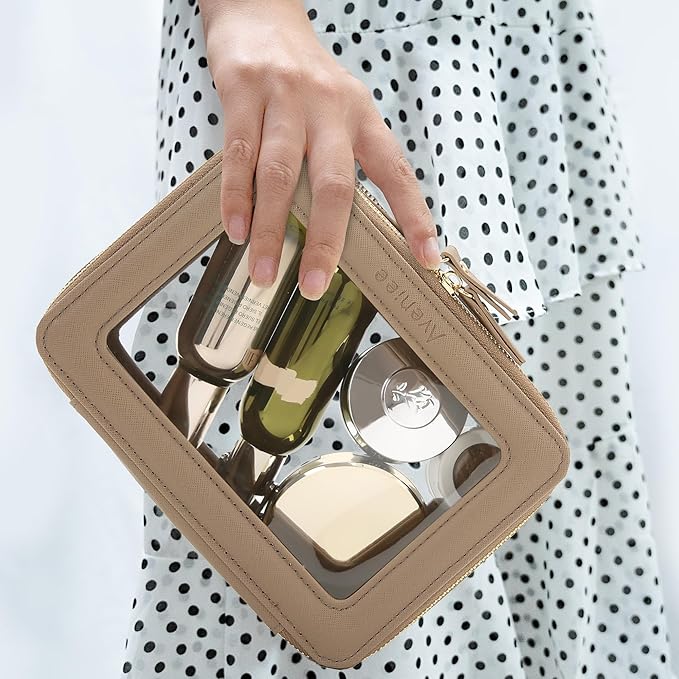 Aveniee Clear Makeup Bag for Women, Small Toiletry Travel Bag with Zipper, Portable Cosmetic Organizer Pouch for Skincare, Car Organizer Storage Bag for Essentials, Taupe,Medium Classic