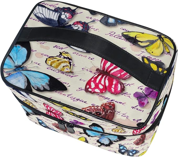 MNSRUU Makeup Bag, Vintage Butterfly Hand Written Text Travel Makeup Organizer Bag Cosmetic Cases Toiletry Bags for Girl Women Ladies