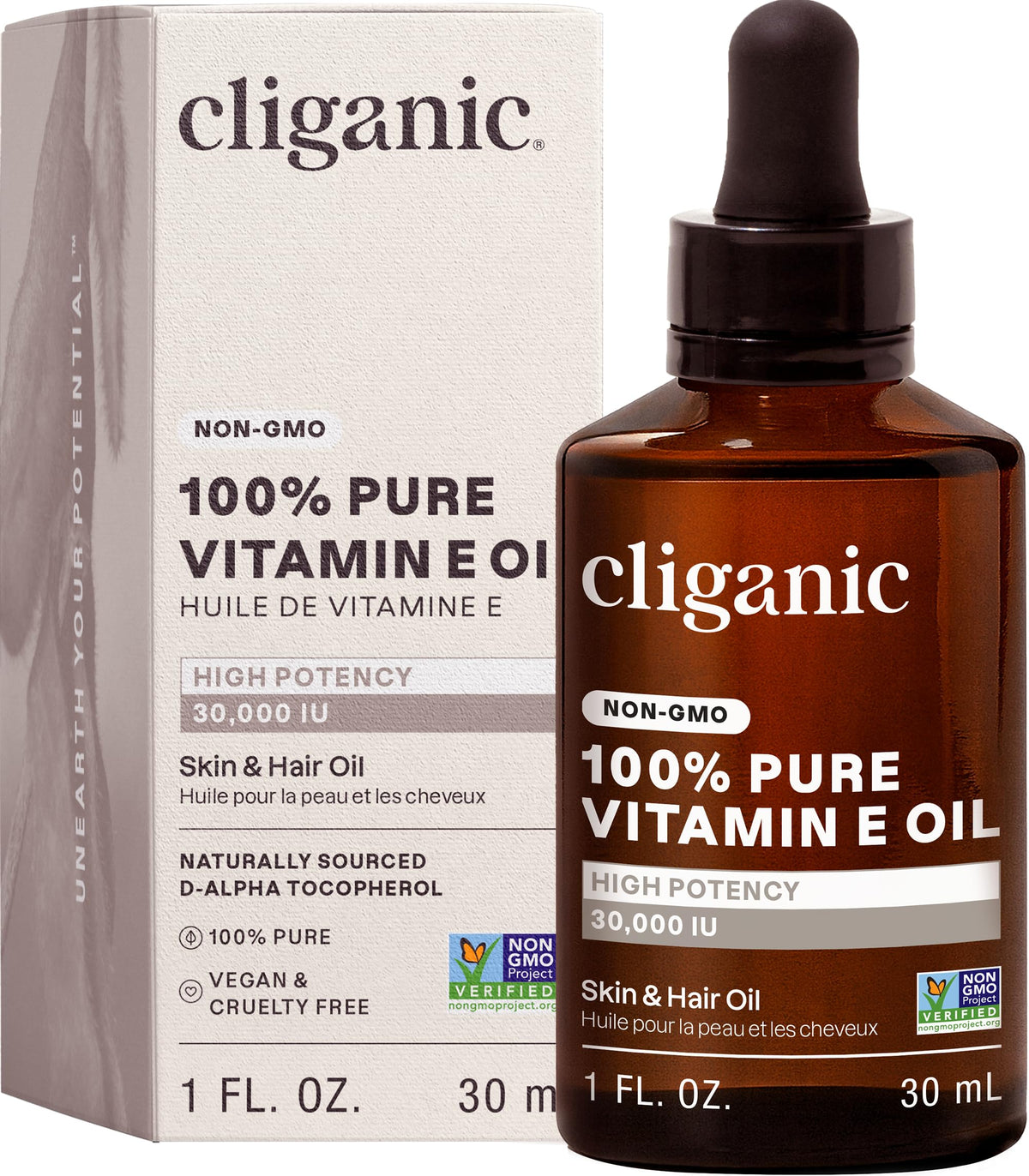 Cliganic Pure Vitamin E Oil for Skin, Scars, Face & Hair, 30,000 IU, 1oz
