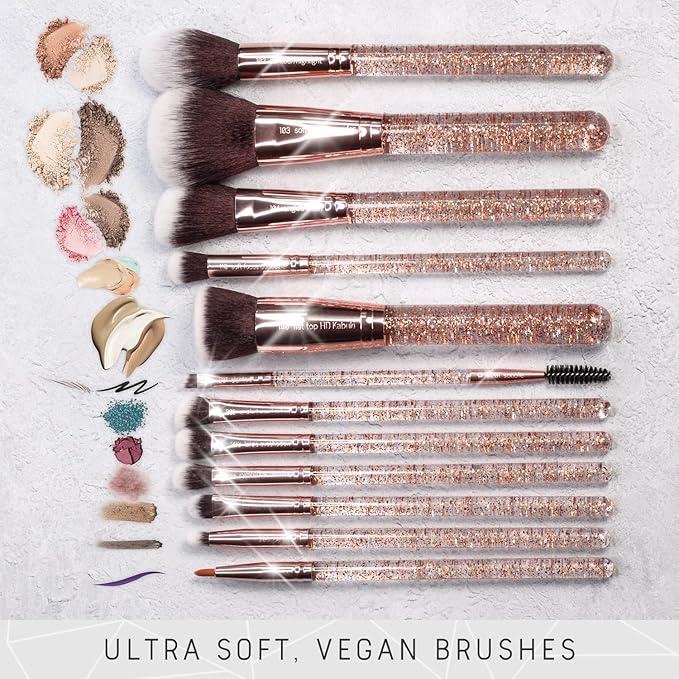 Niré Beauty Glitter Makeup Brush Set, 15 Piece, Rose Gold