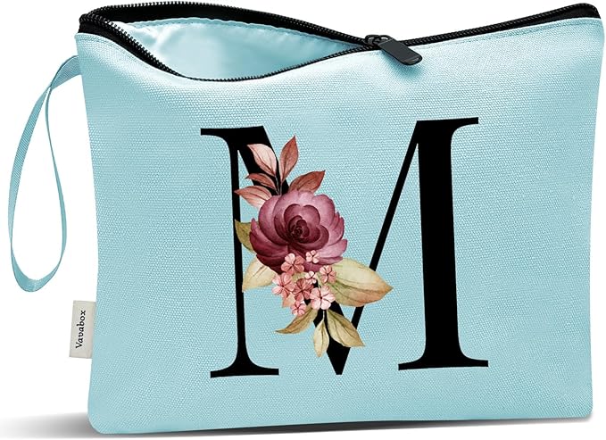 Vavabox A-Z Personalized Makeup Bag, Birthday Gifts for Women Mom, Gifts for Best Friend, Bride Bridesmaid Cosmetic bag (M, Aqua)