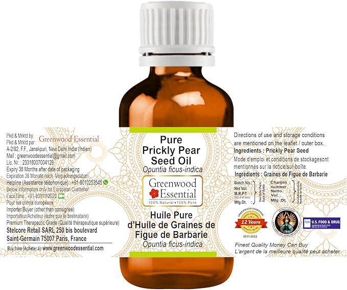 Greenwood Essential Prickly Pear Seed Oil (Opuntia ficus-Indica) | Infused | Pure | Non-Sticky | Lightweight | for Facial Care | Natural | Men & Women | 5ml (0.16 oz)