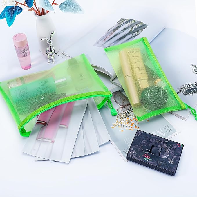 Sinzip 12 Pieces Zipper Nylon Mesh Pouch, Mesh Cosmetic Bags Makeup Bags Pencil Case, Multipurpose Travel Bags for Cosmetic School Office Supplies and Travel Accessories (Green, A5)