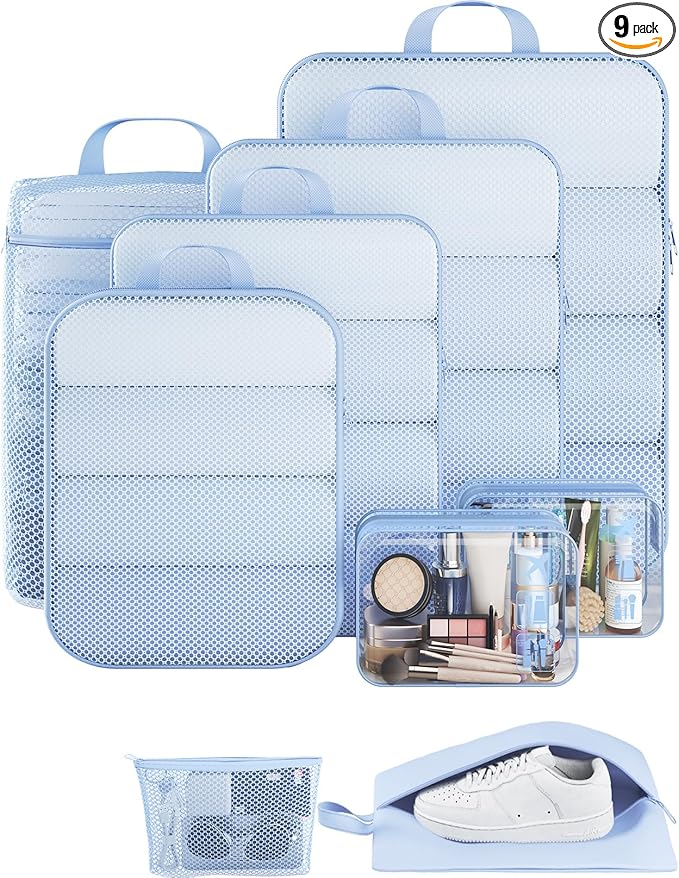 Veken 9/11 Set Compression Packing Cubes Garment Bags for Travel Essentials,Compressible Expandable Luggage Organizer Bags for Clothing,Space Saver Bags with Over 1000 pcs of Mesh Holes(Light Blue)