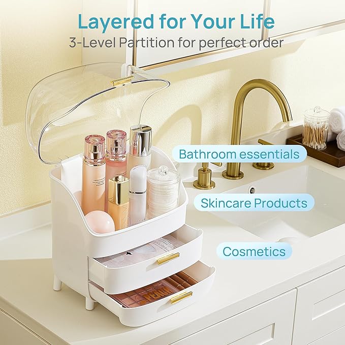Vtopmart 3-Tier Skincare Makeup Organizer with Drawer and LId, White