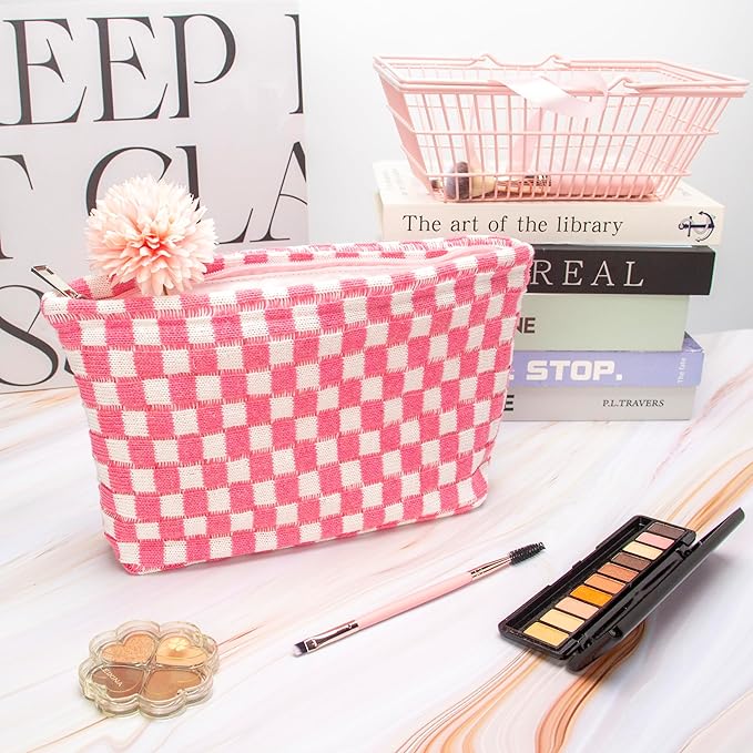 PAZIMIIK Checkered Makeup Bag for Purse, Small Flat Cosmetic Pouch,Pink