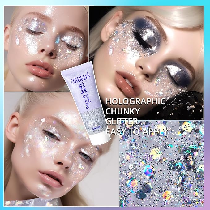 DAGEDA Silver Body Glitter Gel,Sparkly Hair Face Glitter Makeup Accessories