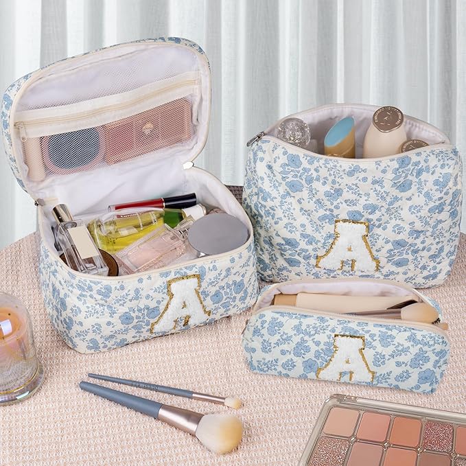 Junesters Initial Makeup Bag Set, Personalized Quilted Makeup Bag, Large Floral Cosmetic Bag for Women, Cute Cotton Custom Make up Bags, Flower Travel Toiletry Bag Teen Girl Gift Blue Flower K