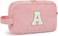 WELIDAY Initial Makeup Bag, Birthday Gift Preppy Chenille Patch Cosmetic Bag, Initial Travel Essentials Beach Toiletry Pouch, Ideal Gift for Teachers & Moms, Women and Girls (Blush Pink, A)