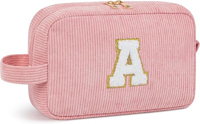 WELIDAY Initial Makeup Bag, Birthday Gift Preppy Chenille Patch Cosmetic Bag, Initial Travel Essentials Beach Toiletry Pouch, Ideal Gift for Teachers & Moms, Women and Girls (Blush Pink, A)