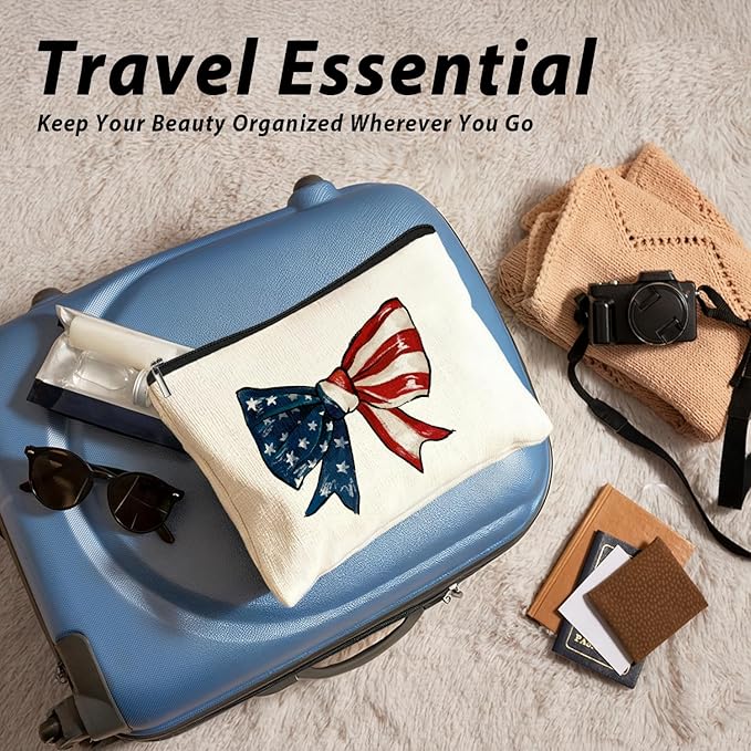LIANGW Coquette American Flag Bow Makeup Bag, Gifts for Patriotic Women Cosmetic Bag, Preppy Red White and Blue Bow Small Toiletry Bags Zipper Makeup Pouch