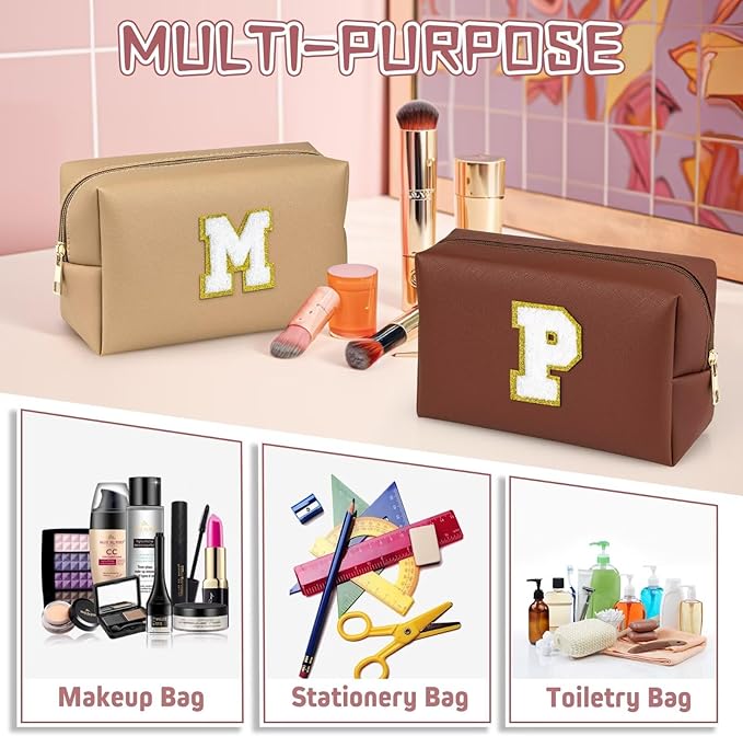 TOPEAST Gifts for Friends Female Mom, Cute Makeup Bag Small Pink Cosmetic Bag Travel Toiletry Bag, Personalized Birthday Gift for Women Girl, Preppy Travel Stuff for Girls (Brown C)
