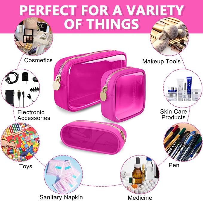UIXIZQ Clear Mini Makeup Bag, Small Nylon&PVC Cosmetic Travel Bag TSA Approved Toiletry Bag with Zipper, Preppy Transparent Coin Purse for Women Men Girls(Mini-Hot Pink)