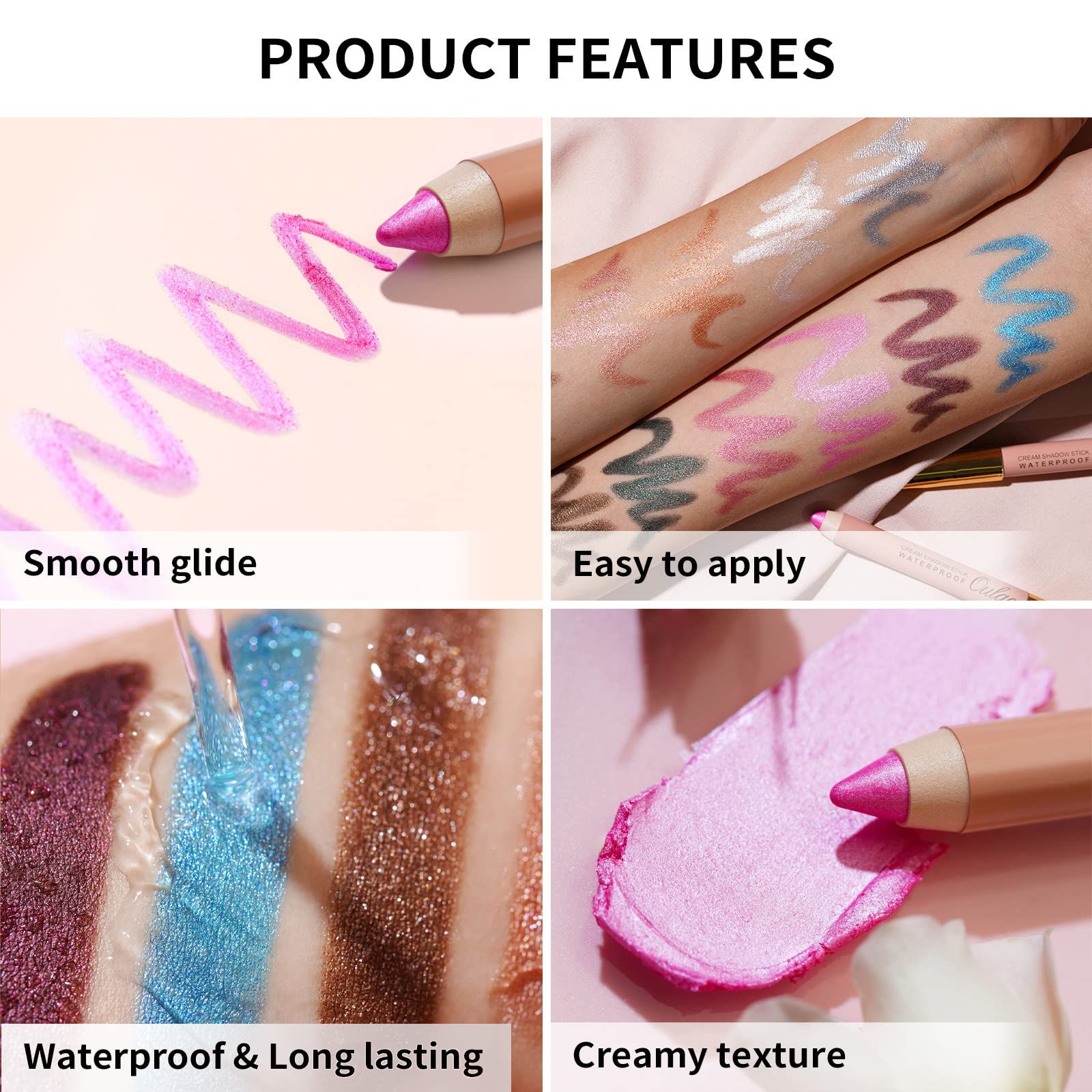 Oulac Twist-Up Shimmer Eyeshadow Stick – Waterproof Creamy Blendable Texture, Vegan & Cruelty-Free Eye Makeup, 1.25g, 01Vanilla