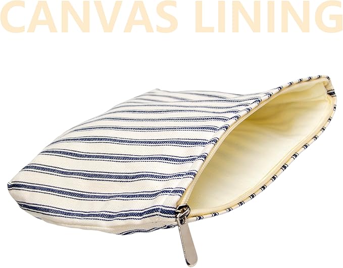 Flat Makeup Bag for Women,Zipper Cosmetic Pouch,Vintage Stripe Navy Blue