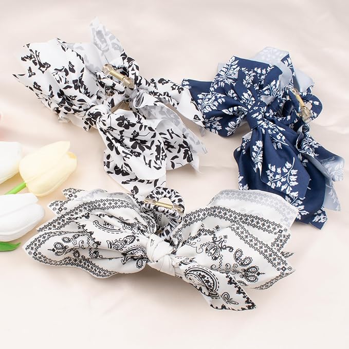 Hadutrek Bow Claw Clips Bow Hair Clips Blue White 3PCS Big Hair Bows for Women Butterfly Styling Large Hair Clips for Thick Hair for Girls Hair Accessories for Teen