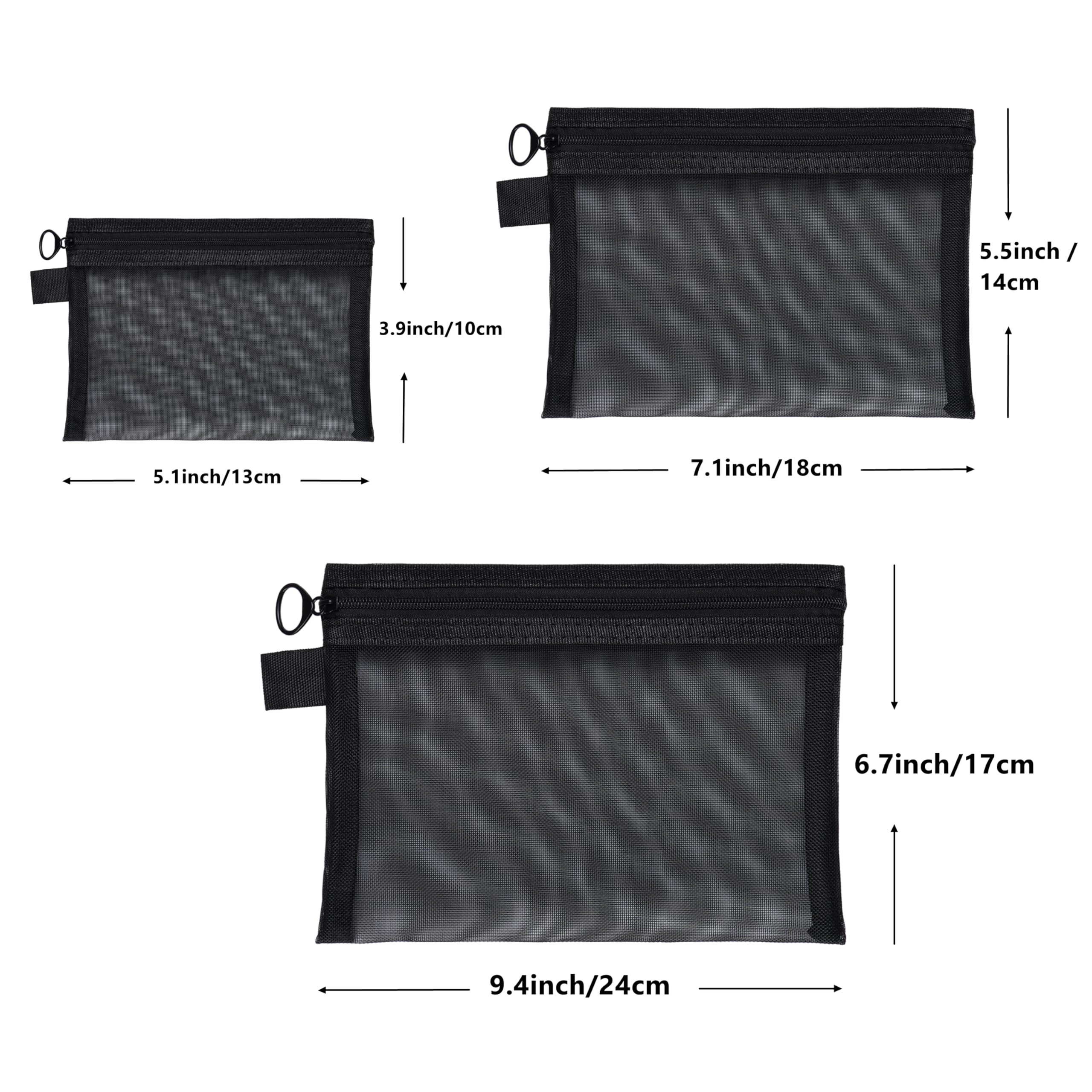 Quotidian Flat Clear Mesh Pencil Pouch Black Makeup Bag with Zipper Cosmetic Organizer 3-Size Pack of 9 - Travel Daily Use Home Storage Office