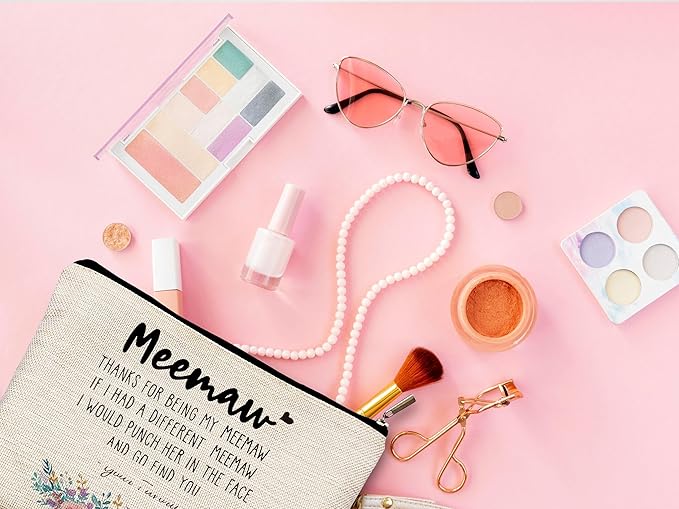 QGFM Funny Meemaw Gifts Makeup Cosmetic Bag - Memaw Mothers Day Gift, Memaw Grandma Gifts from Grandkids, Memaw Birthday Gifts, Best Grandma Gifts, Meemaw Floral Small Makeup Bag for Purse