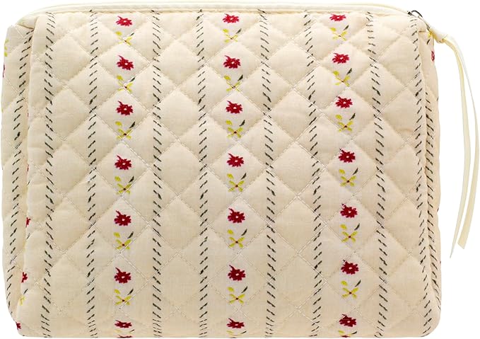 Quilted Makeup Pouch for Women, Travel Cosmetic&Toiletry Bag,Flower Beige