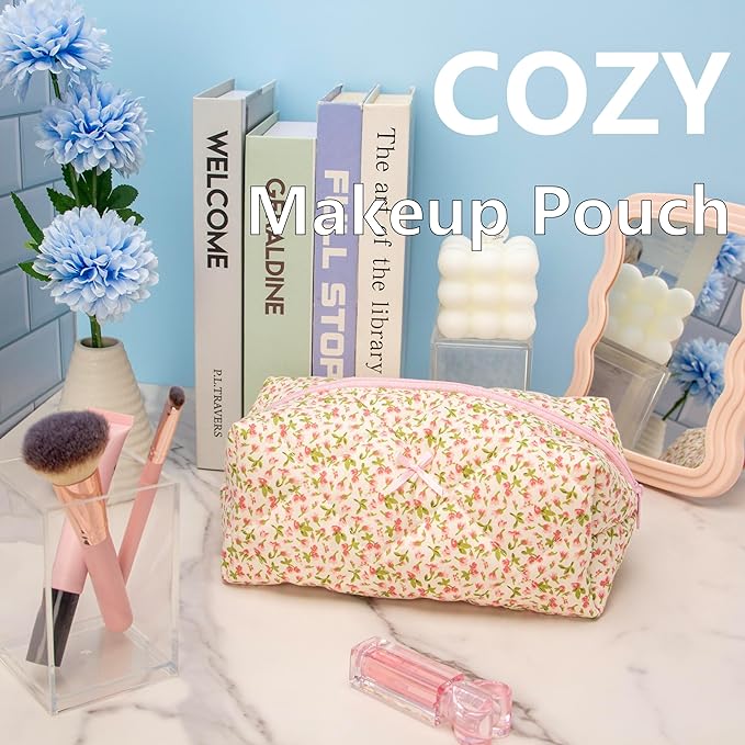 PAZIMIIK Cozy Makeup Bag for Women,Zipper Cosmetic Pouch,Floral Pink