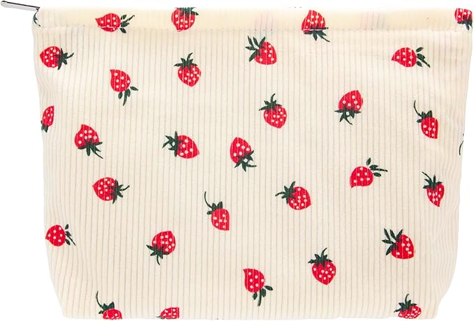 Flat Makeup Bag for Women,Zipper Cosmetic Pouch for Purse,Strawberry Beige