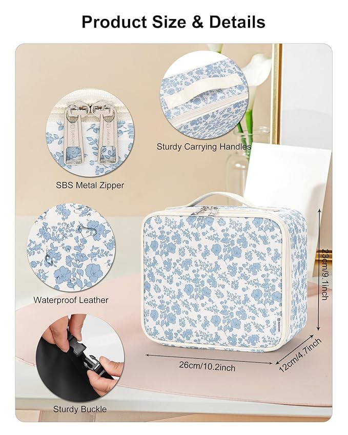 Relavel Travel Makeup Bag with LED Mirror, Floral Train Case with Dividers