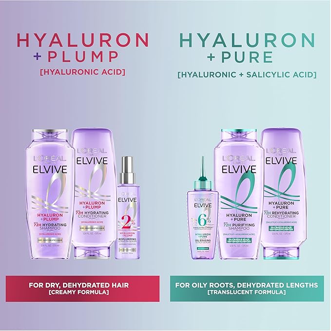 L'Oreal Paris Elvive Hyaluron + Pure Shampoo and Conditioner Set, Clarifying Shampoo and Rehydrating Conditioner with Salicylic Acid and Hyaluronic Acid, 56 Fl Oz Set