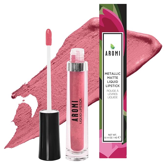 Aromi Rosy Peach Metallic Liquid Lipstick | Long-Lasting Lip Color with Shimmery Finish, Rose Gold Shade (Pumpkin Spice)