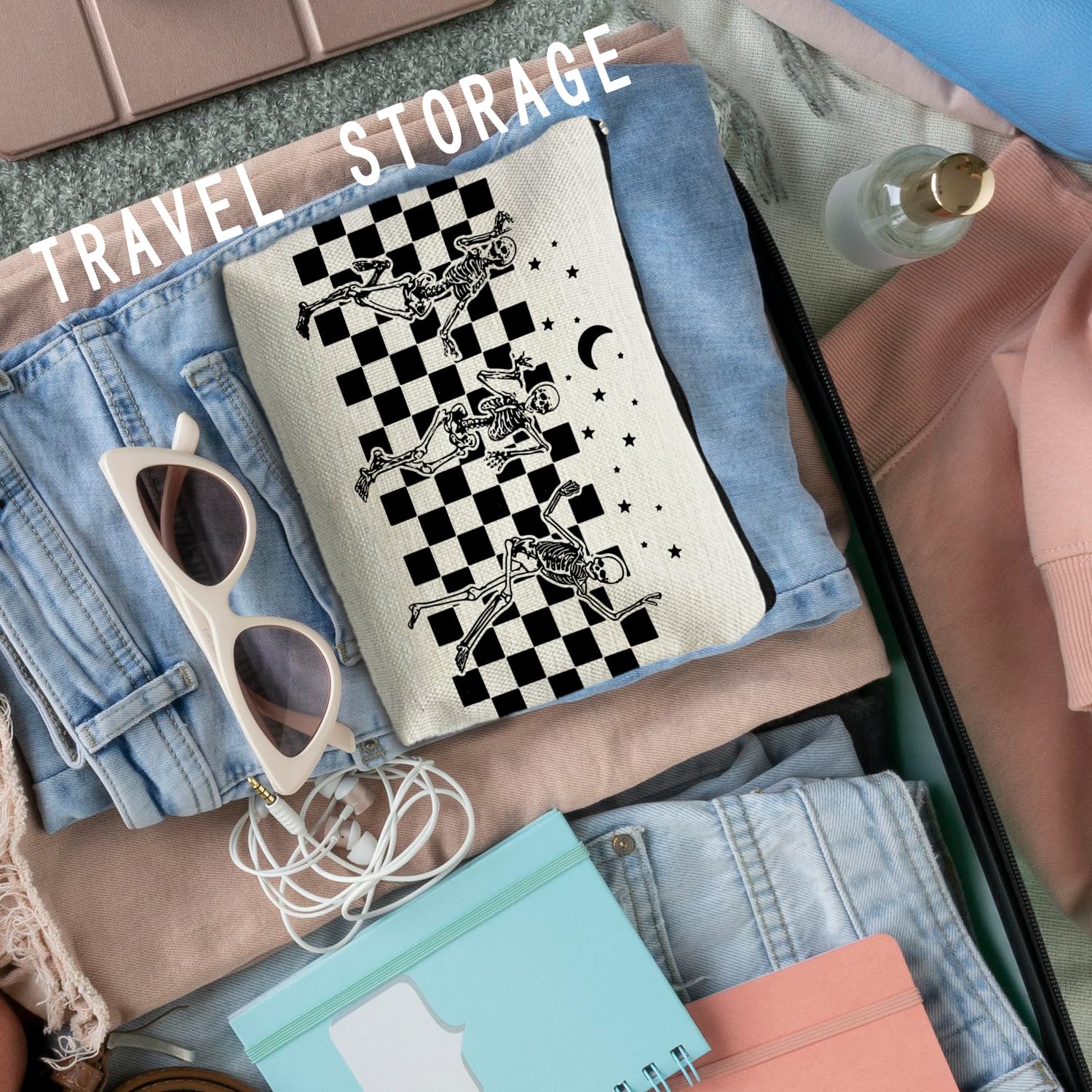 RYYCDOI Funny Gothic Skeleton Makeup Bag - Halloween & Witchy Pouch for Women - Dark Academia & Horror Design (White)