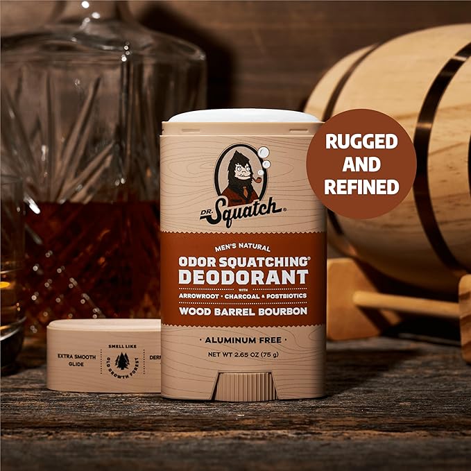 Dr. Squatch Natural Men’s Deodorant – Aluminum Free Natural Deodorant Men with Charcoal & Postbiotics for 72-Hour Odor Protection – Wood Barrel Bourbon, 2.65oz Stick (3-Pack)