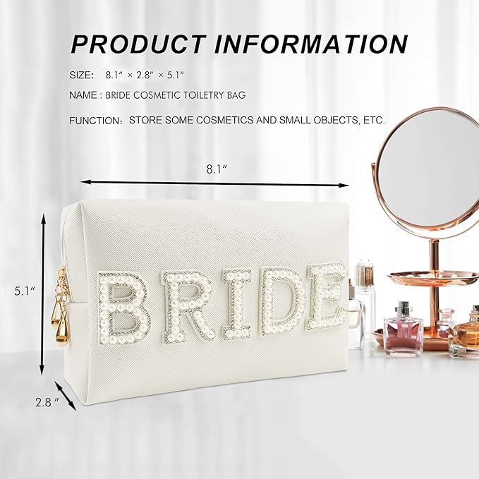 Kovewon Bride Patch Letter Makeup Bag for Women Bridesmaid Engagement Gift for Her White Pearl Rhinestone Travel Toiletry Bag Make Up Bag Pouch for Purse Bridal Shower Gifts for Engagement Wedding