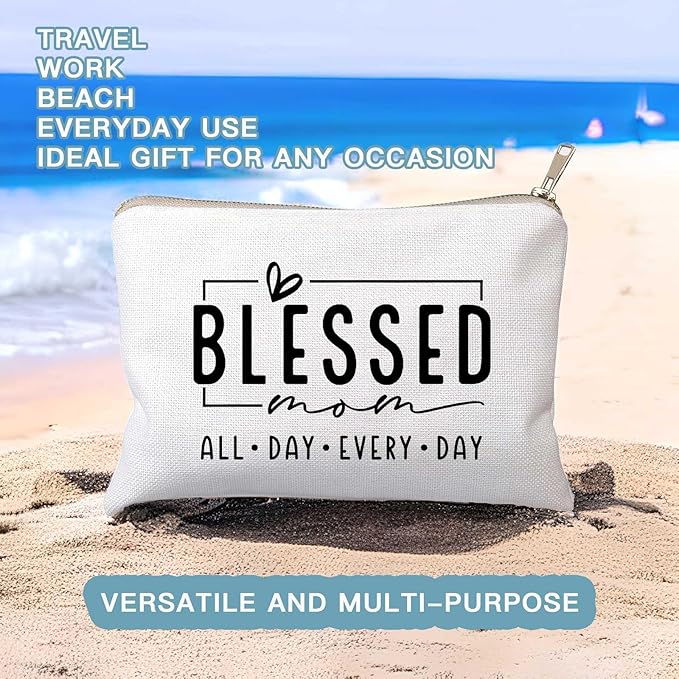 HubbgDesign Blessed Makeup Bag for Mom, Inspirational Bible Verse Cosmetic Pouch, Mom Life Travel Toiletry Bag, Mother’s Day Birthday Gift Idea for Women, Mama Vibes Makeup Case