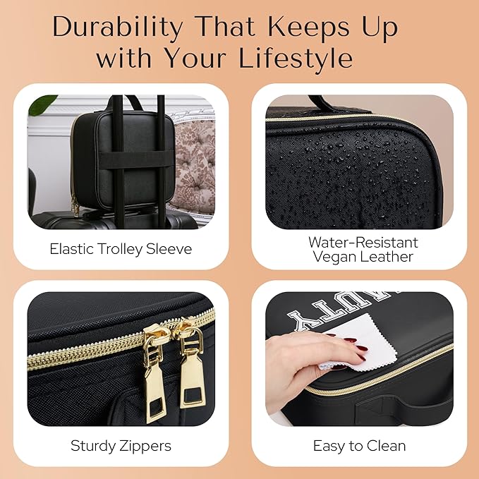 Aura In Bloom Makeup Bag with LED Mirror – Travel Cosmetic Organizer with Lighted Mirror, Adjustable Dividers & Brush Holder Storage – Portable PU Leather Makeup Case for Women & Girls - Black