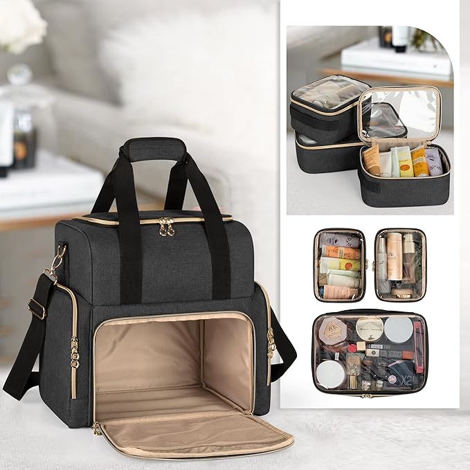 LUXJA Large Travel Makeup Bag with 3 Removable Makeup Cases, Black