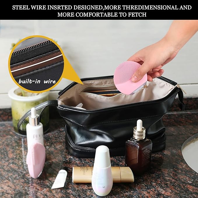 Abiudeng Large Makeup Bag for Women,Travel Makeup Organizer with Brush Holder, Dopp Kit Essentials,Waterproof PU Cosmetic Bag for Traveling,Multi Compartment, Cute,Spacious Capacity-Black