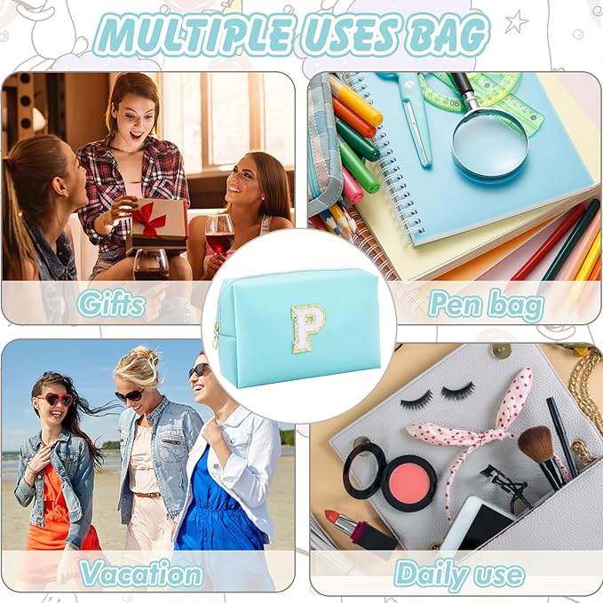 URSKYTOUS Gifts for Girls Initial Makeup Bag Personalized Cosmetic Bag with Zipper Cute Travel Toiletry Bag Waterproof PU Preppy Makeup Pouch Birthday Gift for Teen Girls Women(Blue P)